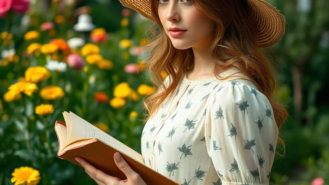 Junge Frau mit Hut und Naturbuch in einem blumenreichen Garten.