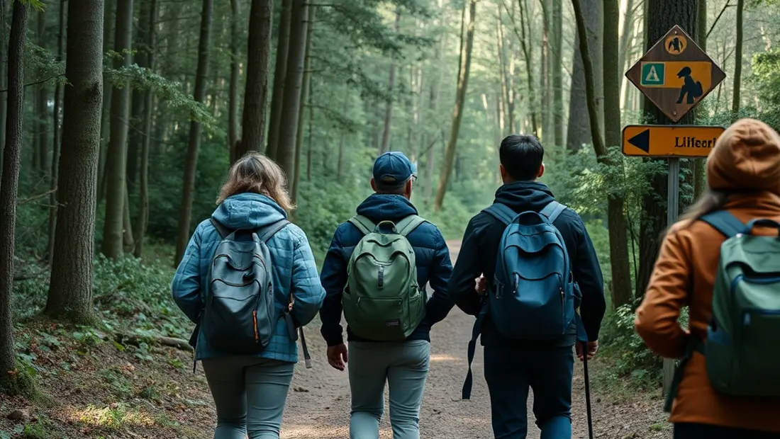Gruppe von Freunden beim Wandern in einem Wald mit Schildern.
