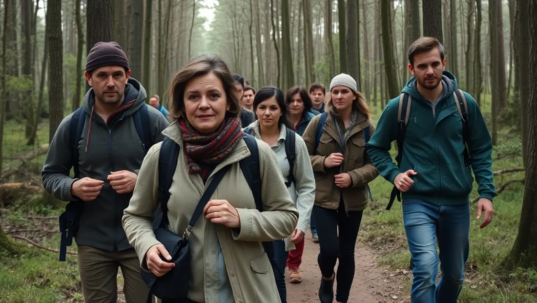 Gruppe von Menschen geht durch den Wald