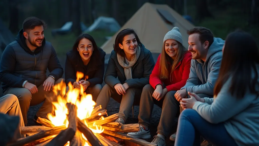 Gruppe sitzt um den Lagerfeuer
