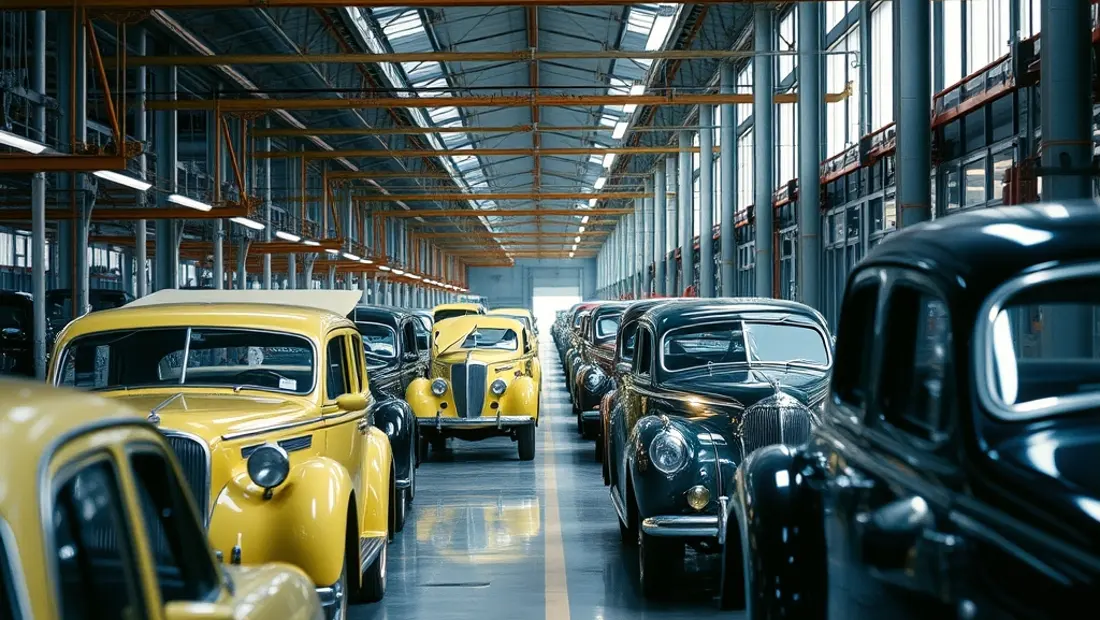 Historische Automobilfabrik in Betrieb
