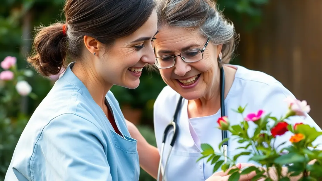 Infirmière und Patient im Gartenarbeit