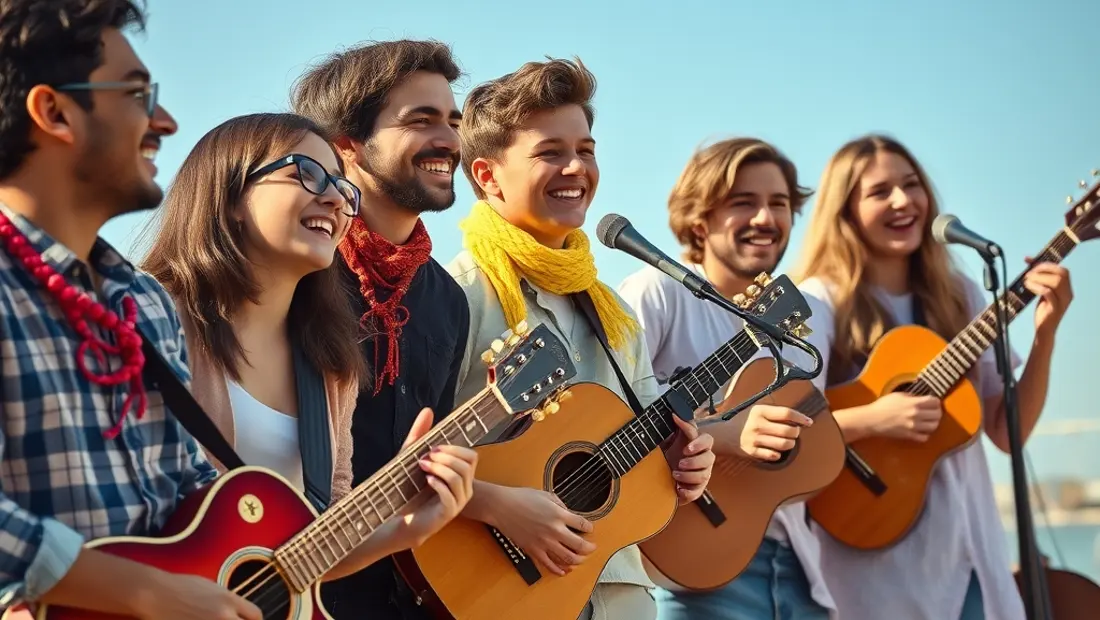 Ein Gruppenfoto von jungen Musikern mit Instrumenten und bunten Dekorationen.