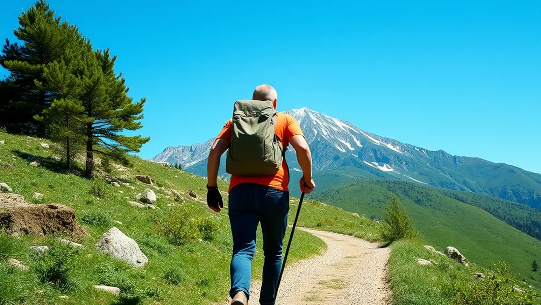 Ein Wanderer auf dem Weg mit Berg und blauem Himmel