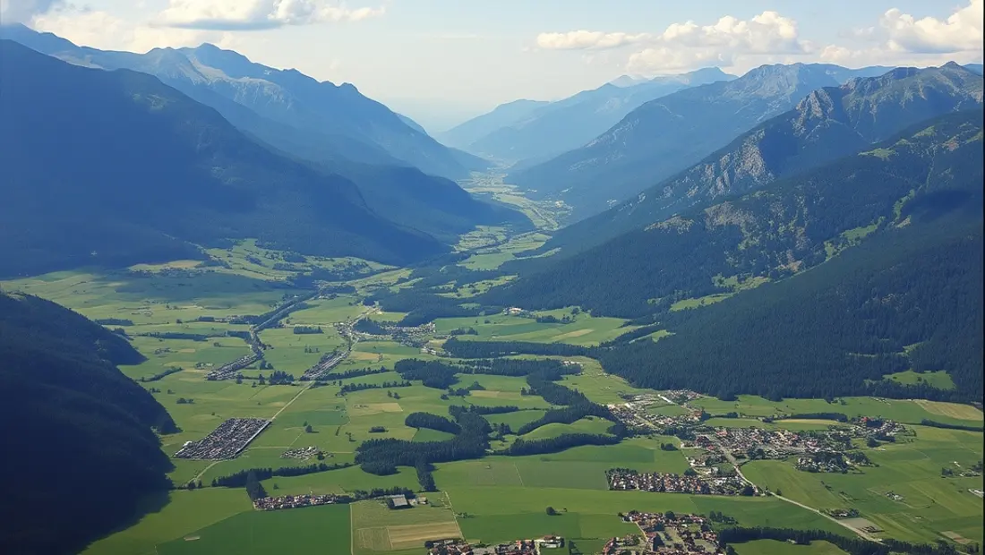 Blick auf die Osttiroler Tal mit grünen Bergen und verstreuten Bauernhöfen.