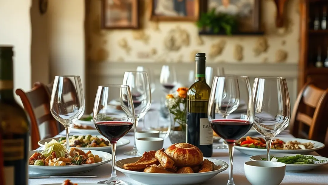 Detail einer traditionellen Tischdekoration mit lokalen Gerichten und regionalen Weinen.