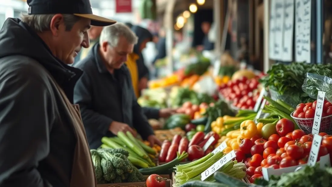 Szene auf einem Bauernmarkt mit lokalen Produkten und frischen Obst und Gemüse.