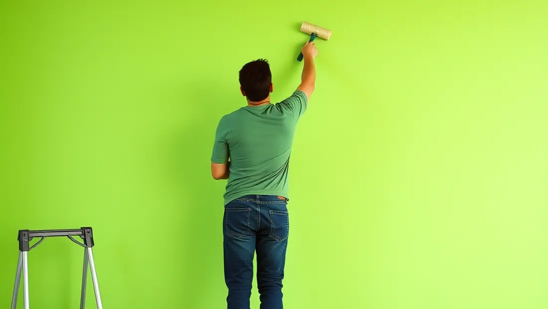 Ein Mann malt einen grünen Farbanstrich an einer Hauswand.