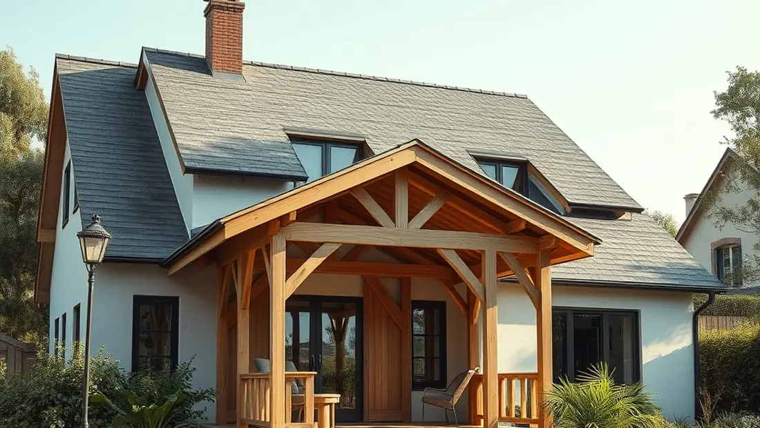 Ein Haus mit einem neuen Holz pavillon.