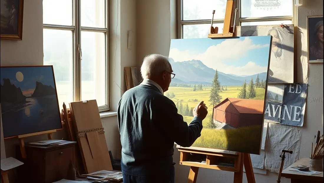 Künstler malt herbstliches Landschaftsbild