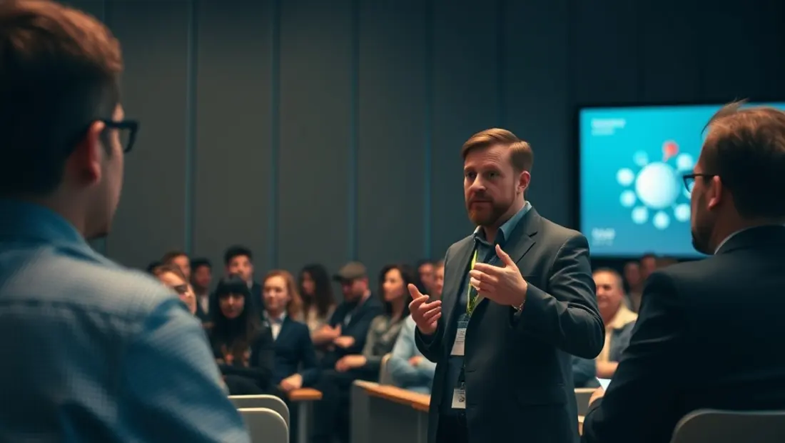 Ein Redner, der die neue Erfindung einem Gruppe von Menschen in einer Konferenzhalle zeigt.