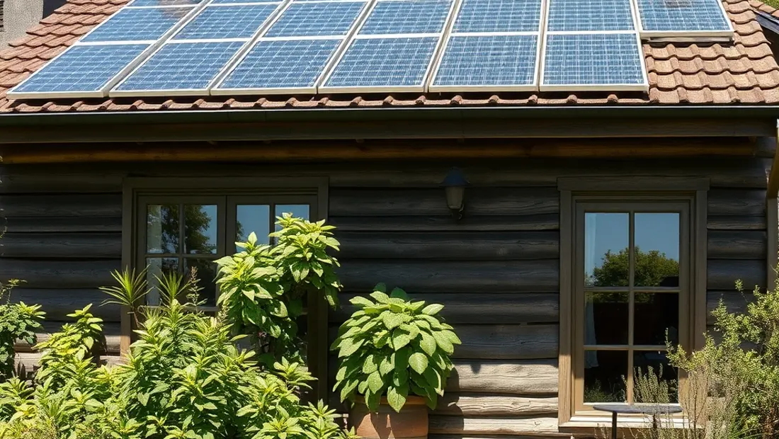 Naturfreundliche Haus mit Solarenergie und Pflanzen.