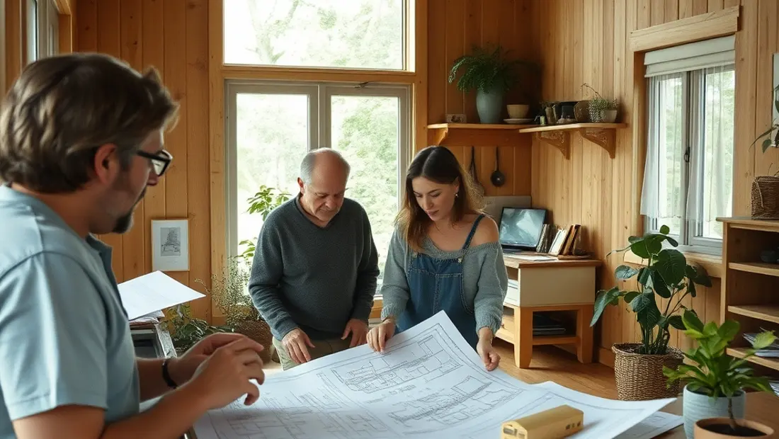 Familie in nachhaltigem Haus mit Bauplänen.