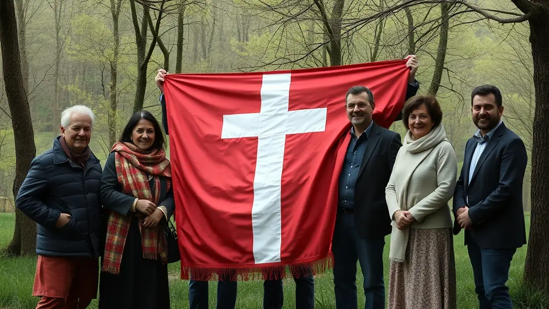 Gruppe feiert mit Rot-Kreuz-Flagge im Grünen.