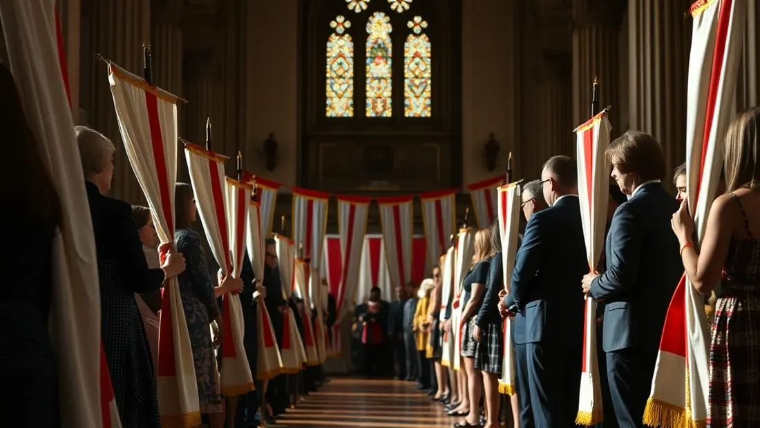 Feierliche Zeremonie mit Rot-Kreuz-Flaggen und Bändern.