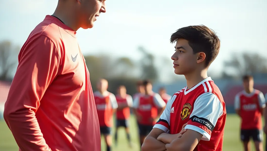 Fußballtrainer und junger Spieler sprechen miteinander.