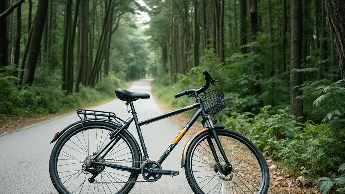 Ein Fahrrad auf einer Bergstraße in einem Wald