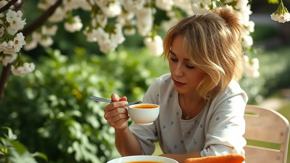 Eine Person isst Karottensuppe im Garten.