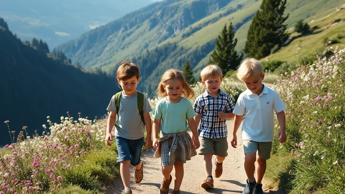 Gruppe von Kindern auf dem Kreuzweg, umgeben von Blumen und Bergen