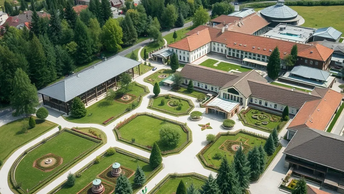 Blick auf das Kulturzentrum Toblach mit Gebäuden und Garten.
