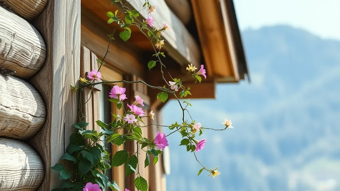 Detail der Fassade einer Berghütte mit Blumen und Blättern