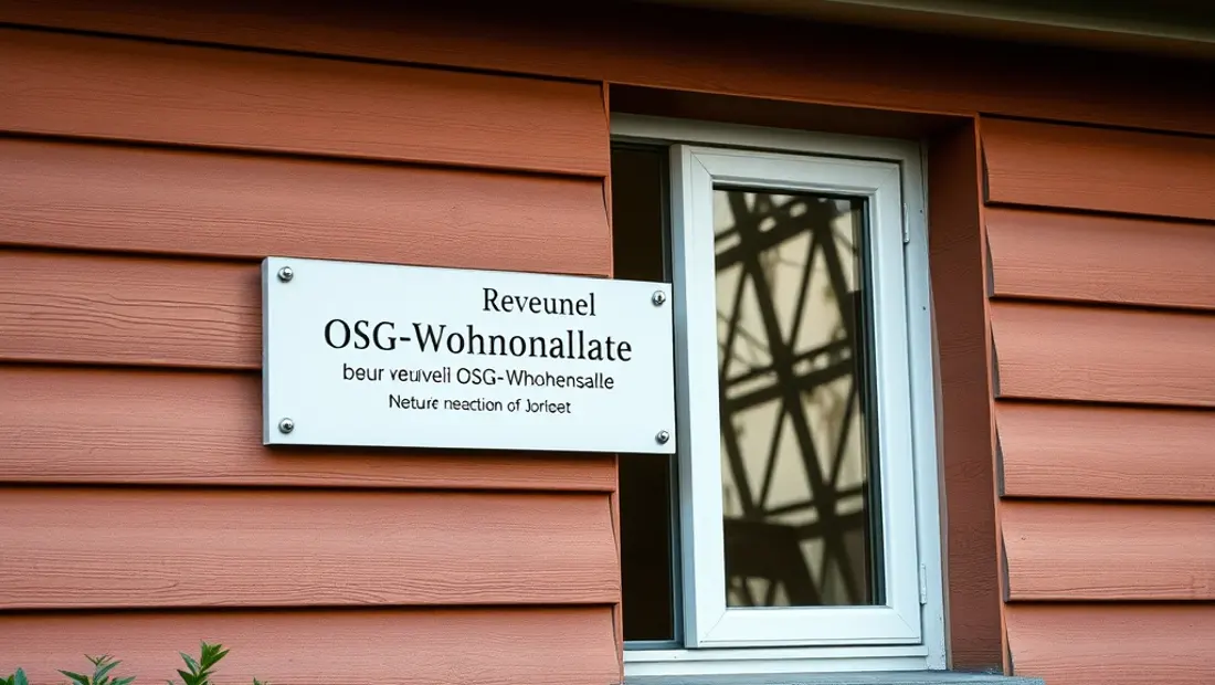 Haus mit Hinweisschild und offener Fensterladen.