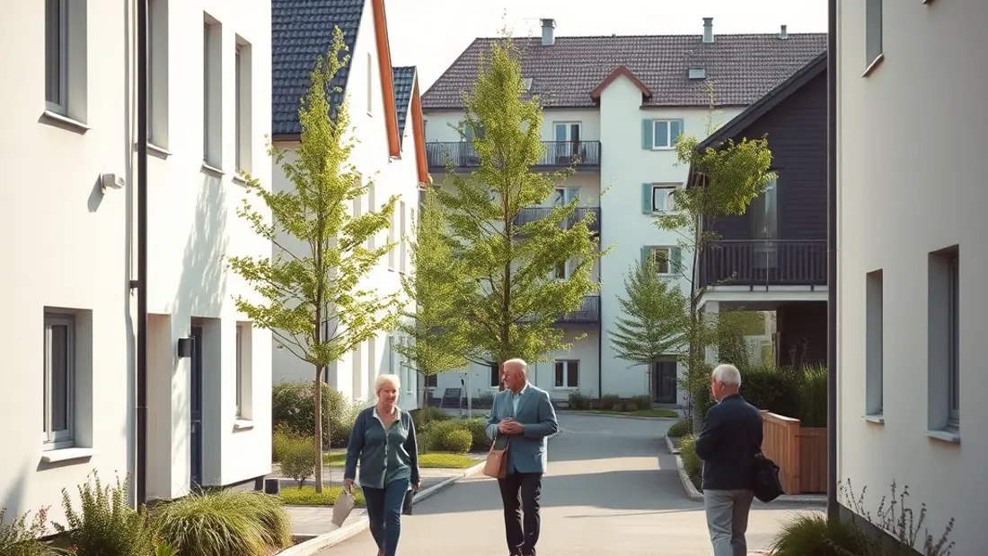 Straße in der neuen Wohnanlage, mit Bewohnern, die sich grüßen oder unterhalten.