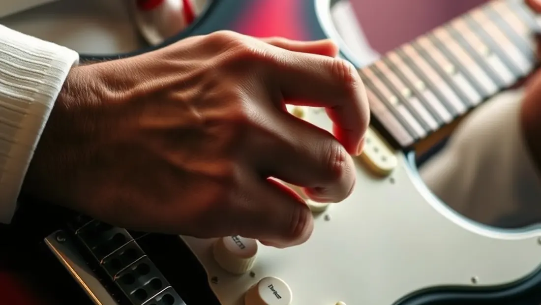 Gitarre mit vibrierenden Saiten.