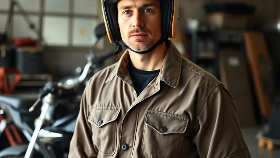Mann in Werkzeugmaschine und Motorradteilen