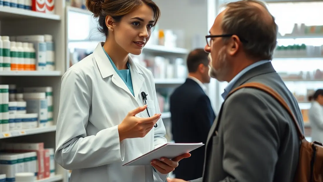 Apothekerin und Kunde sprechen miteinander