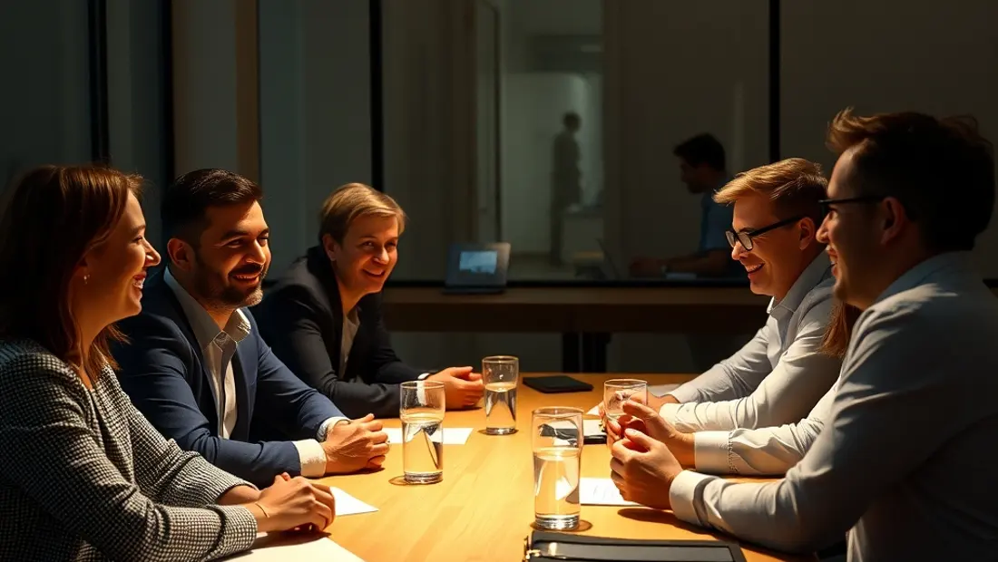 Unternehmer und Investoren diskutieren und lachen.