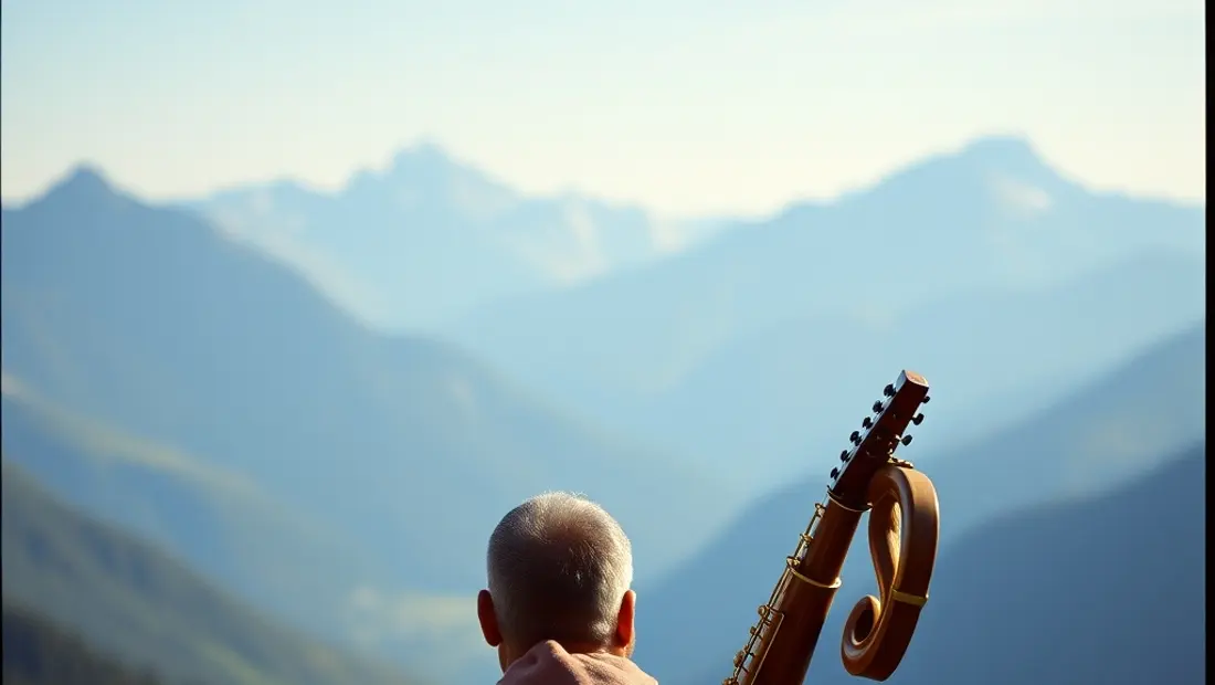 Musiker mit Blasinstrument und Bergblick