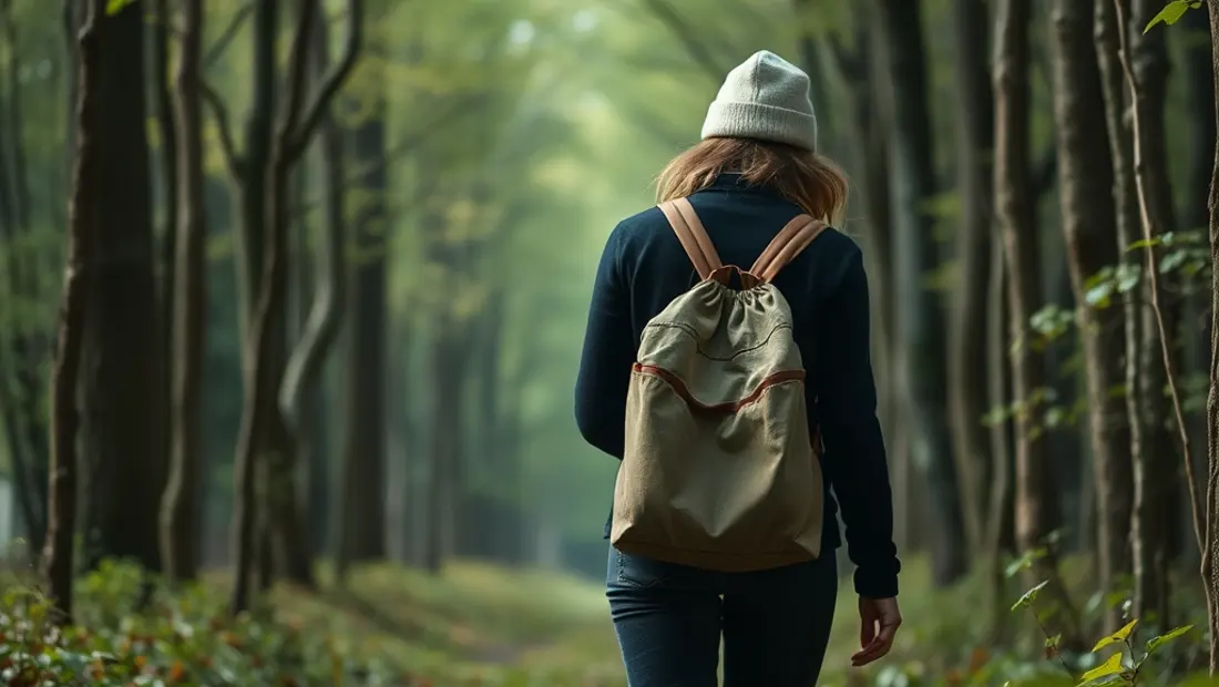 Eine Person geht durch einen Wald mit einem Rucksack.