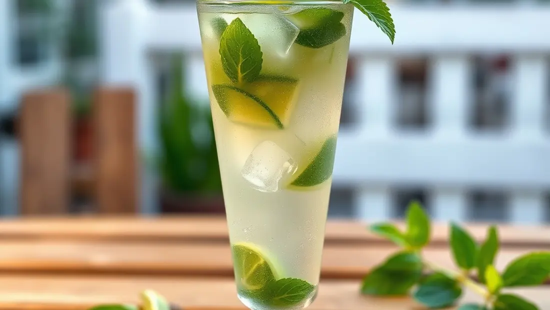 Frischer Mojito auf einem Holztisch im Garten.