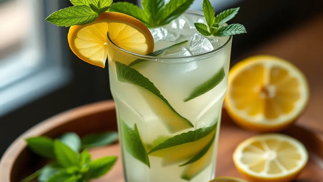 Detaillierter Mojito mit Eis und Minze auf einem Holzteller.