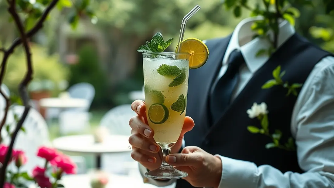 Servierer mit Mojito im grünen Garten.