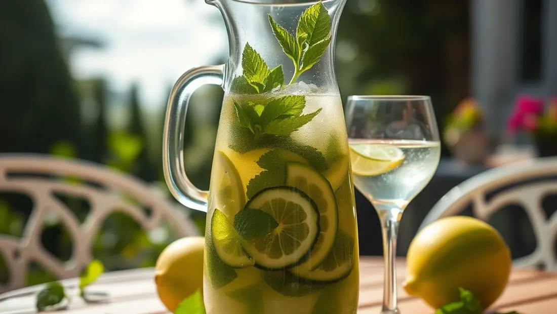 Ein Mojito-Glas auf einem Gartenstuhl