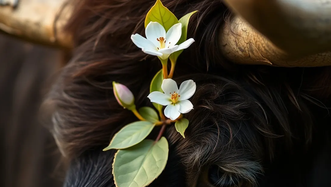Detail von Moos mit Blättern und Blüten.