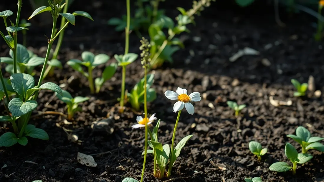 Garten mit Pflanzen auf Moosbelag.