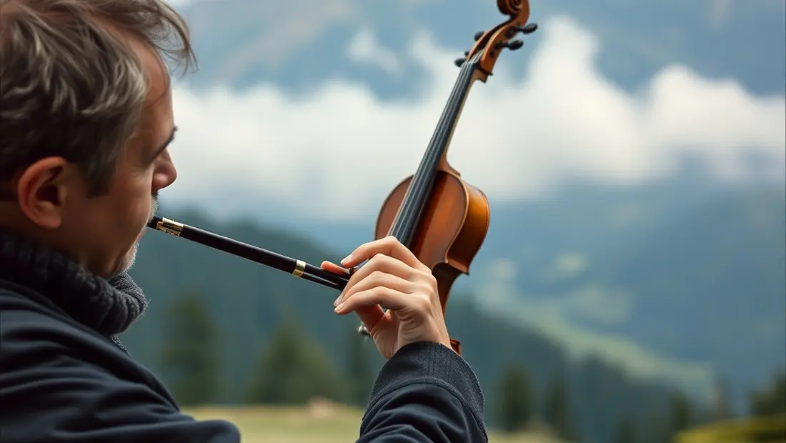 Ein Musiker spielt in der Berglandschaft.
