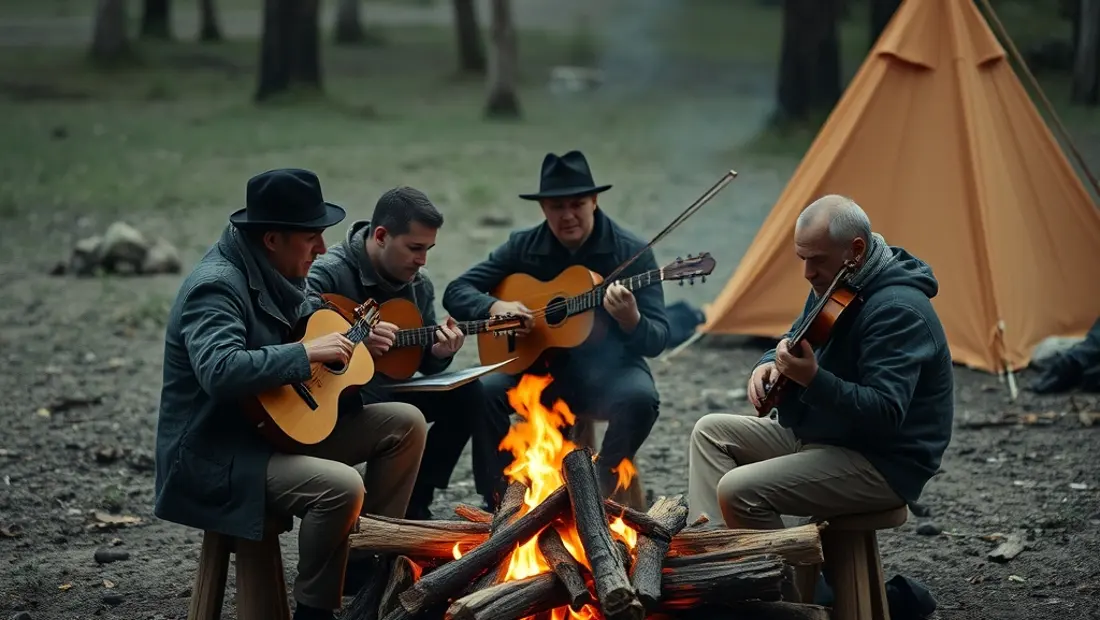Freunde spielen Musik ums Lagerfeuer.