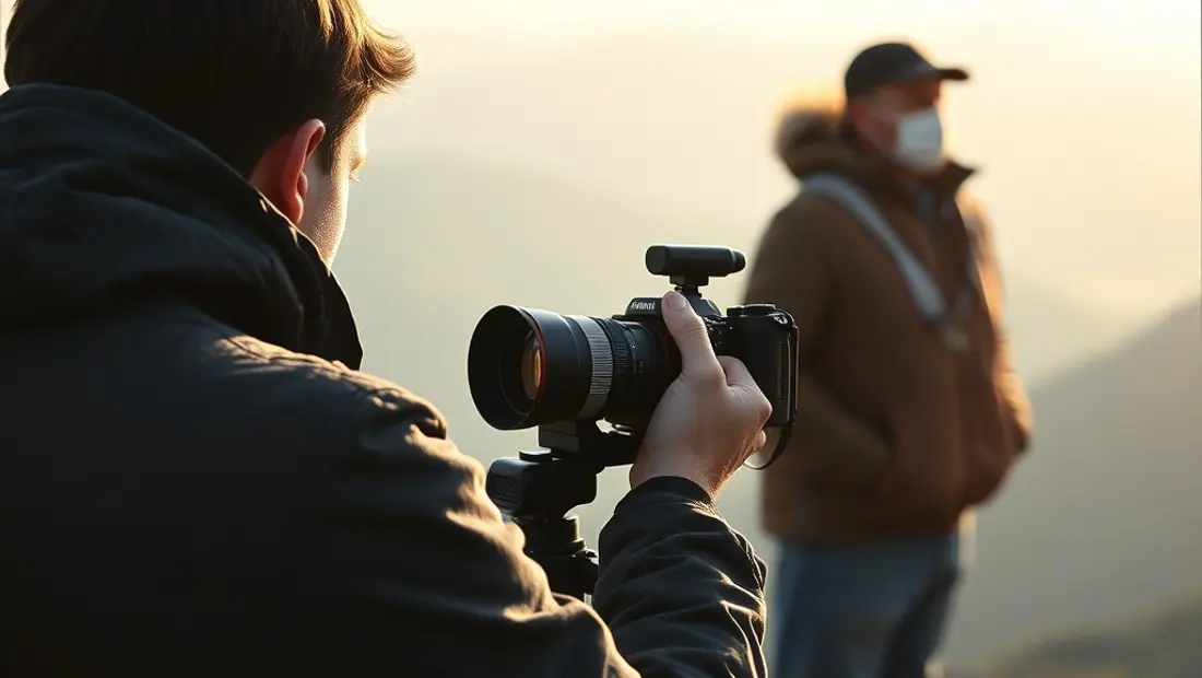 Junge Journalistin fotografiert Bergpanorama.