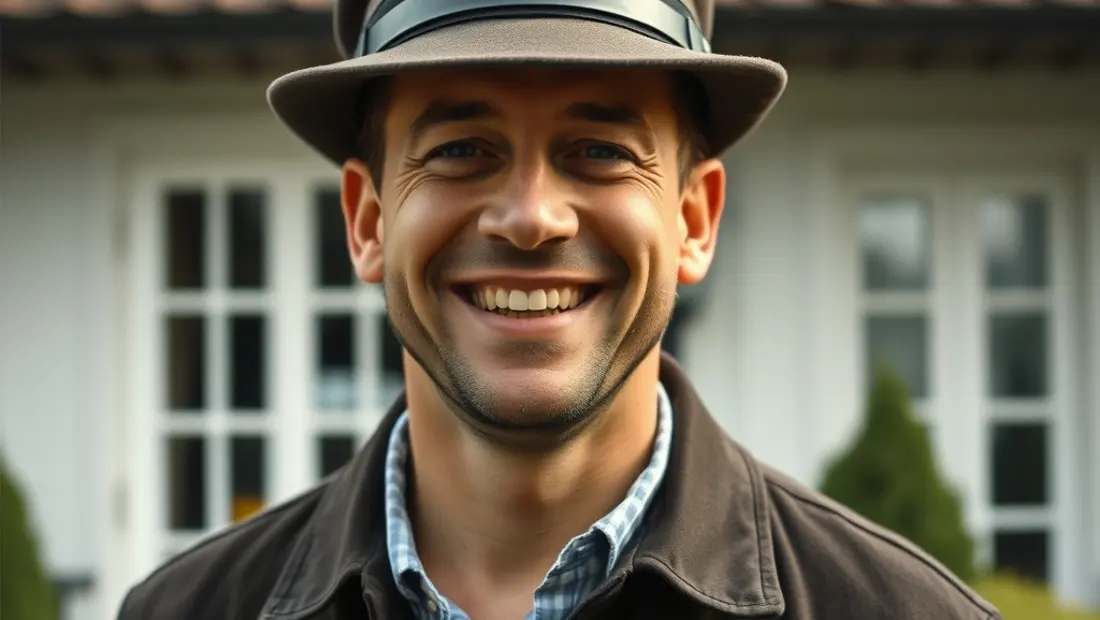 Ein Mann mit Hut und Badge vor einem Clubhaus