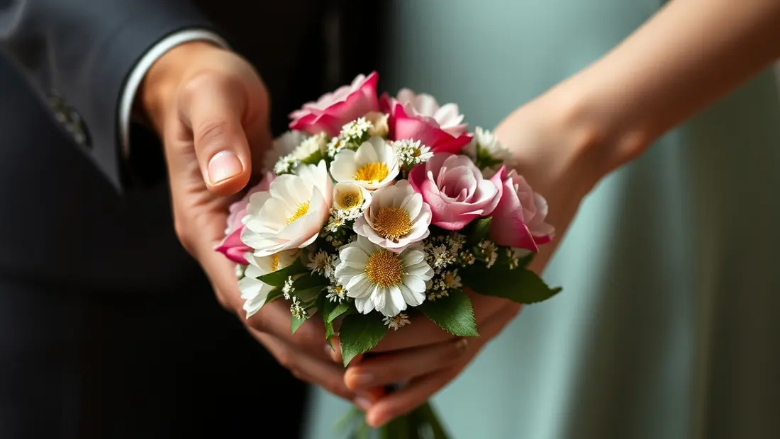 Männerhände umschließen eine weibliche Hand mit Blumen