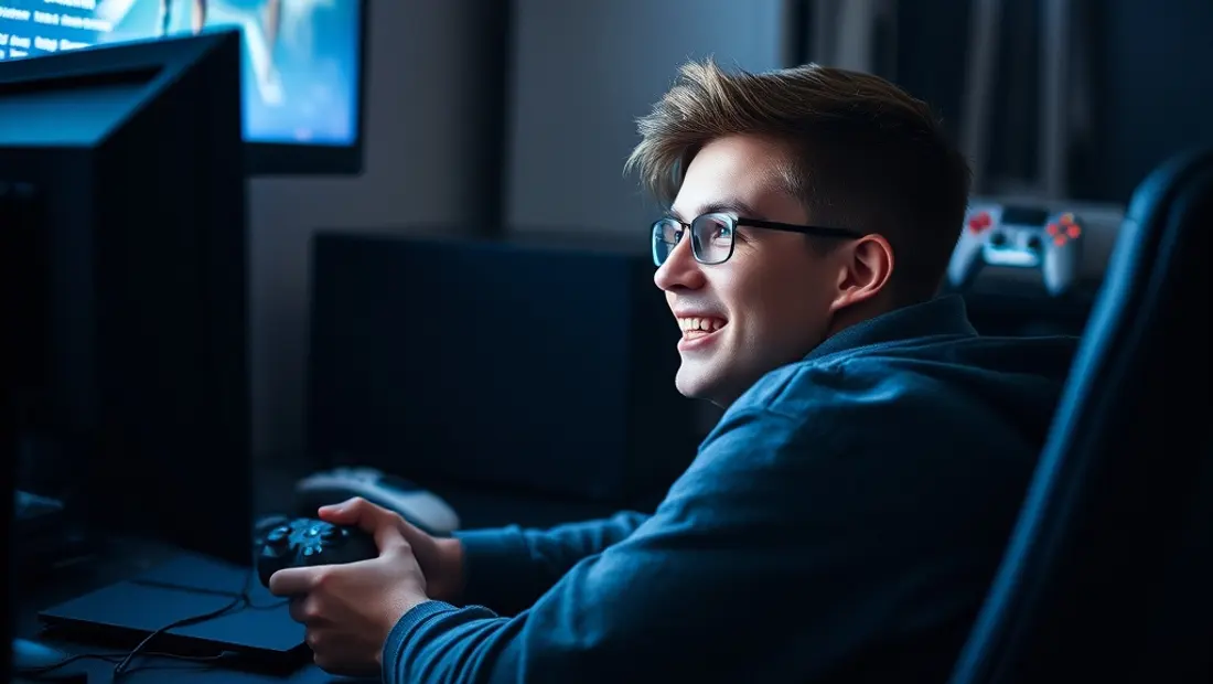 Ein Gamer sitzt vor einem Bildschirm mit einem zufriedenen Gesicht.