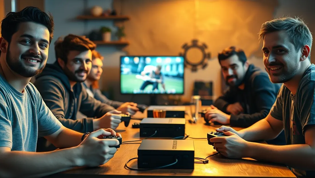 Ein Gruppen von Freunden spielen gemeinsam Spiele.