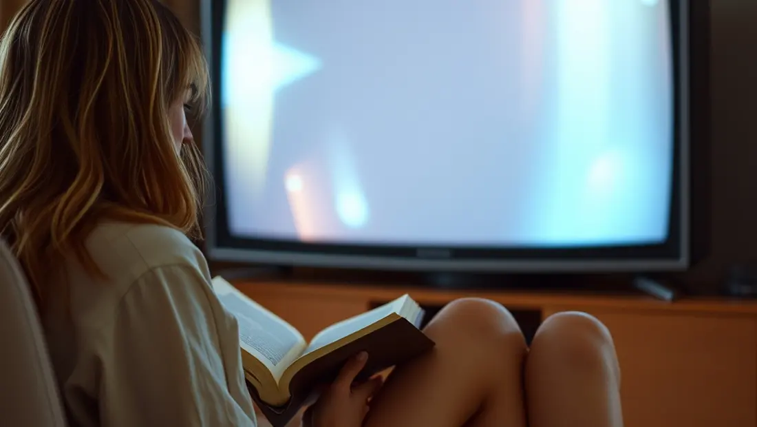 Femme vor Fernseher mit Buch und Fernsehprogramm