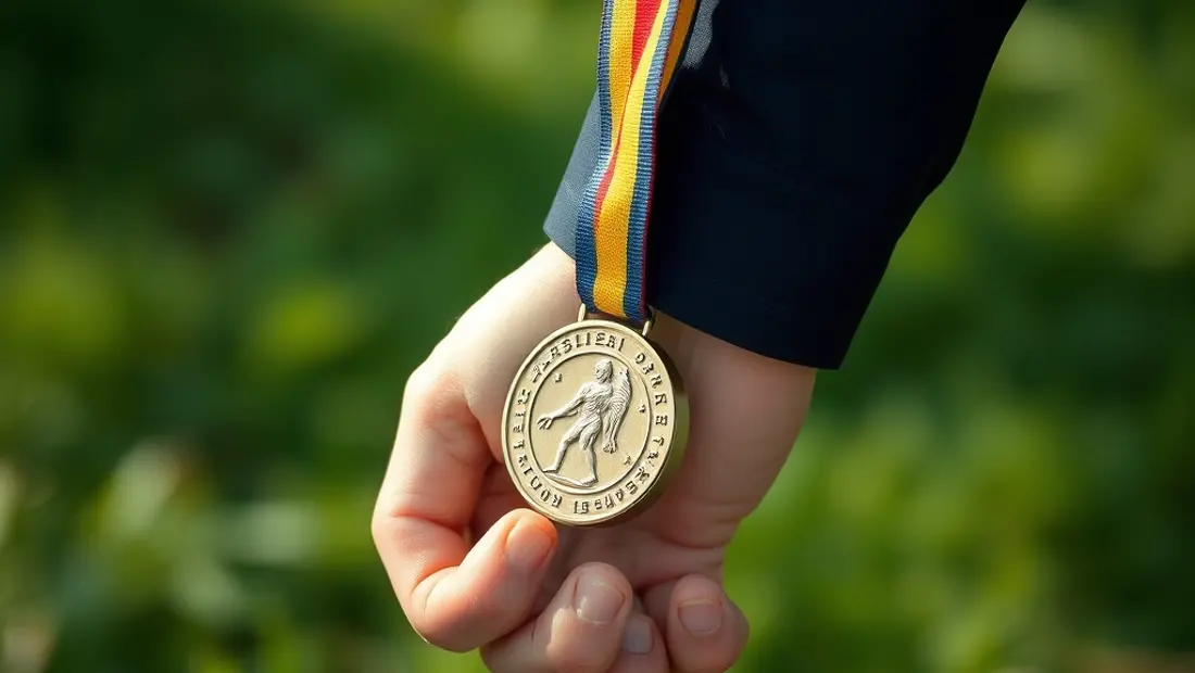 Eine Hand hält eine Medaille, im Hintergrund Natur.