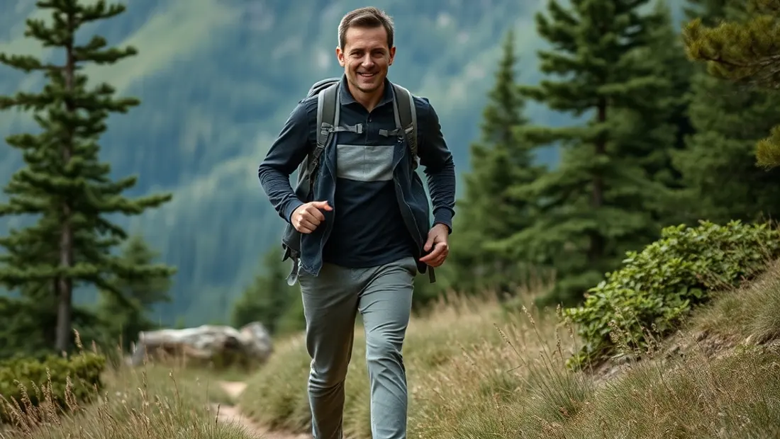 Ein Mann geht im Grünen, mit Bergpanorama.