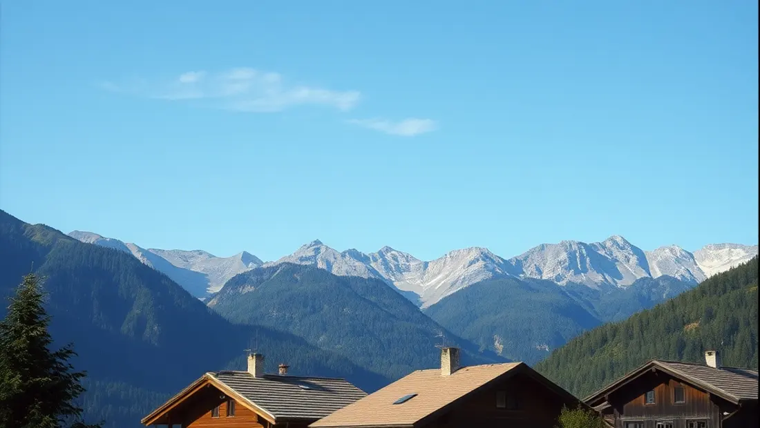 Blick auf die Osttiroler Berge und traditionelle Bauernhäuser.